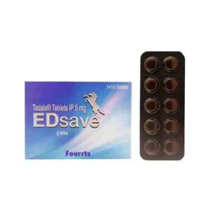 Box of ED Save 5mg Tadalafil Tablets IP 5 mg with blue gradient packaging and “Fourrts” branding, shown next to a brown blister strip containing round tablets.