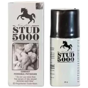 Stud 5000 delay spray bottle and packaging box featuring horse logo, used for ejaculation control and enhanced performance.
