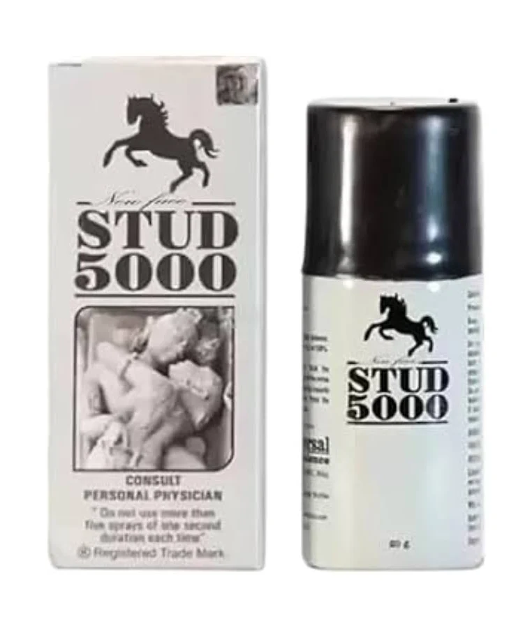 Stud 5000 delay spray bottle and packaging box featuring horse logo, used for ejaculation control and enhanced performance.