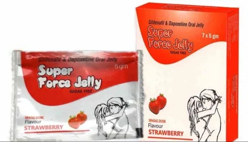 Super Force Oral Jelly strawberry flavor sachet and packaging box showing Sildenafil & Dapoxetine oral jelly, single-dose 5gm packs.